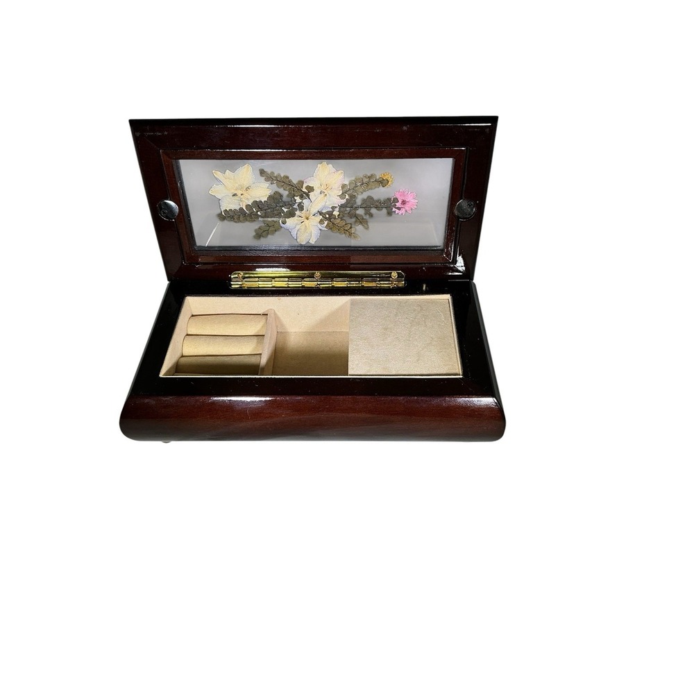 Vintage 90s BOMBAY Jewelry Music Box Wood Pressed Flowers Plays Nadia's Theme